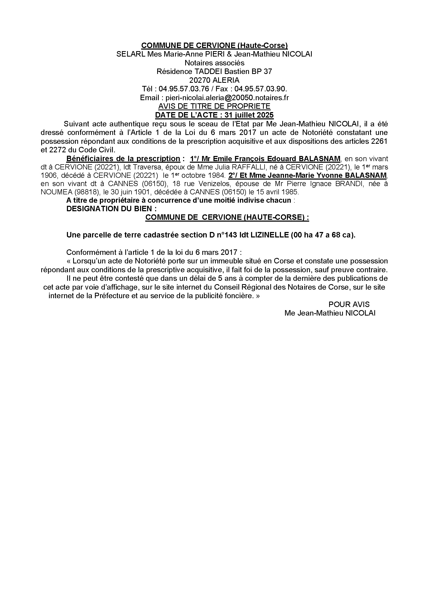 Avis de création de titre de propriété - Commune de Cervioni (Cismonte)