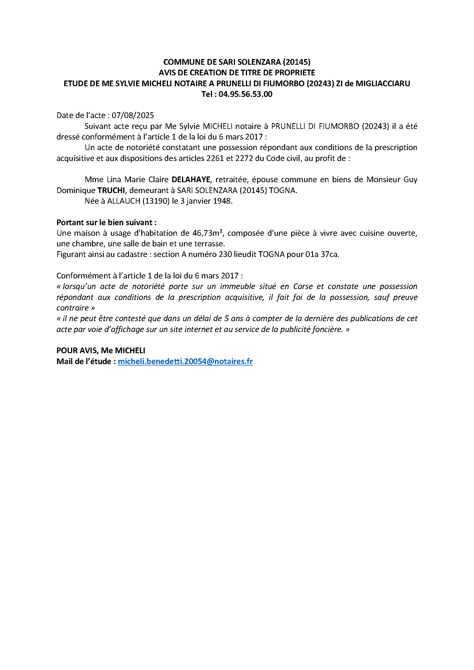 Avis de création de titre de propriété - Commune de Sari è Sulinzara (Pumonti)