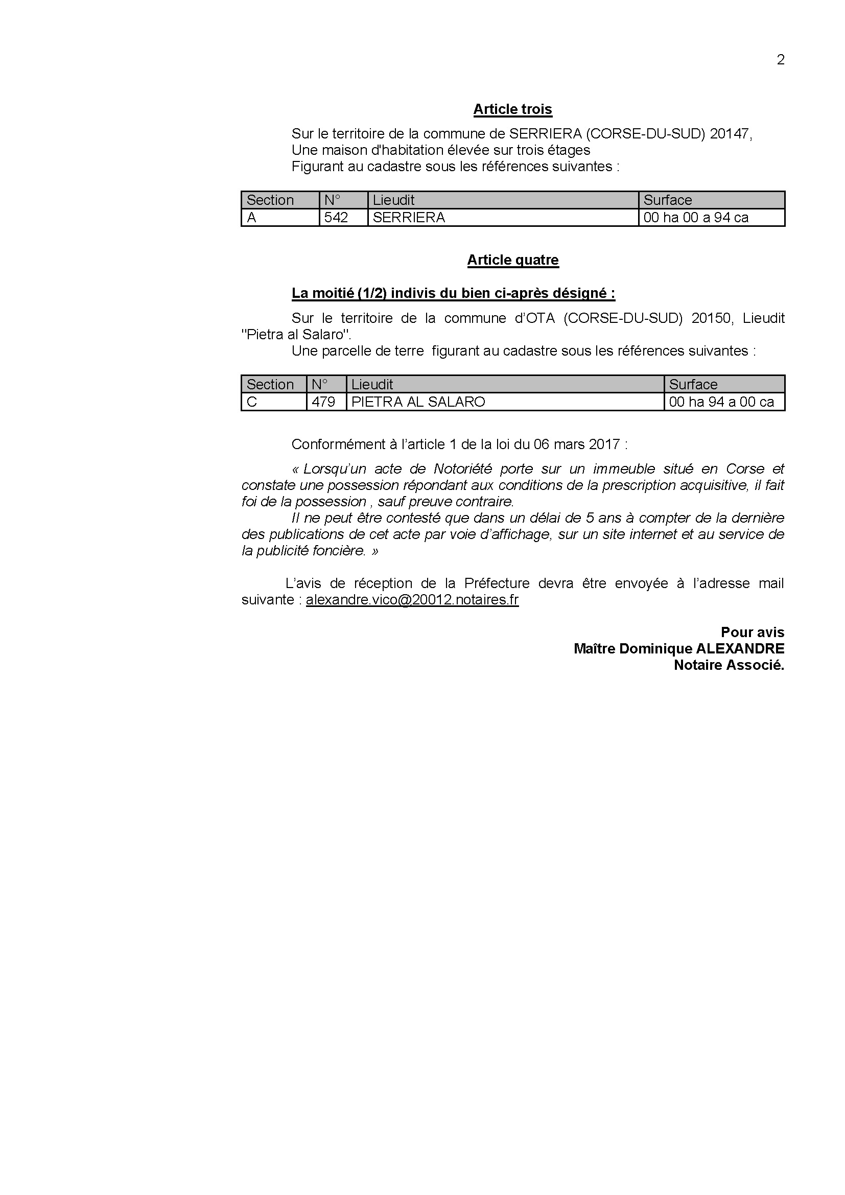 Avis de création de titre de propriété - Communes d'A Sarrera et d'Ota (Pumonti)