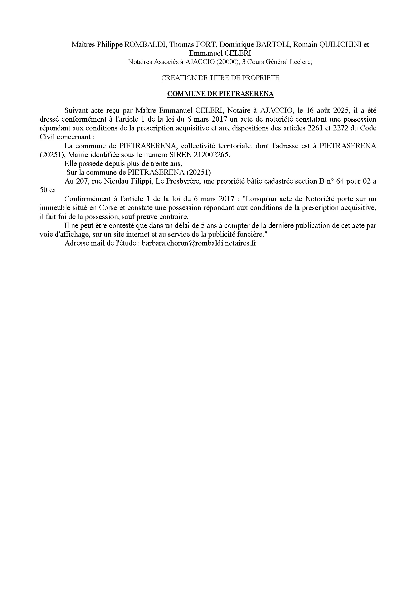 Avis de création de titre de propriété - Commune de Petraserena (Cismonte)