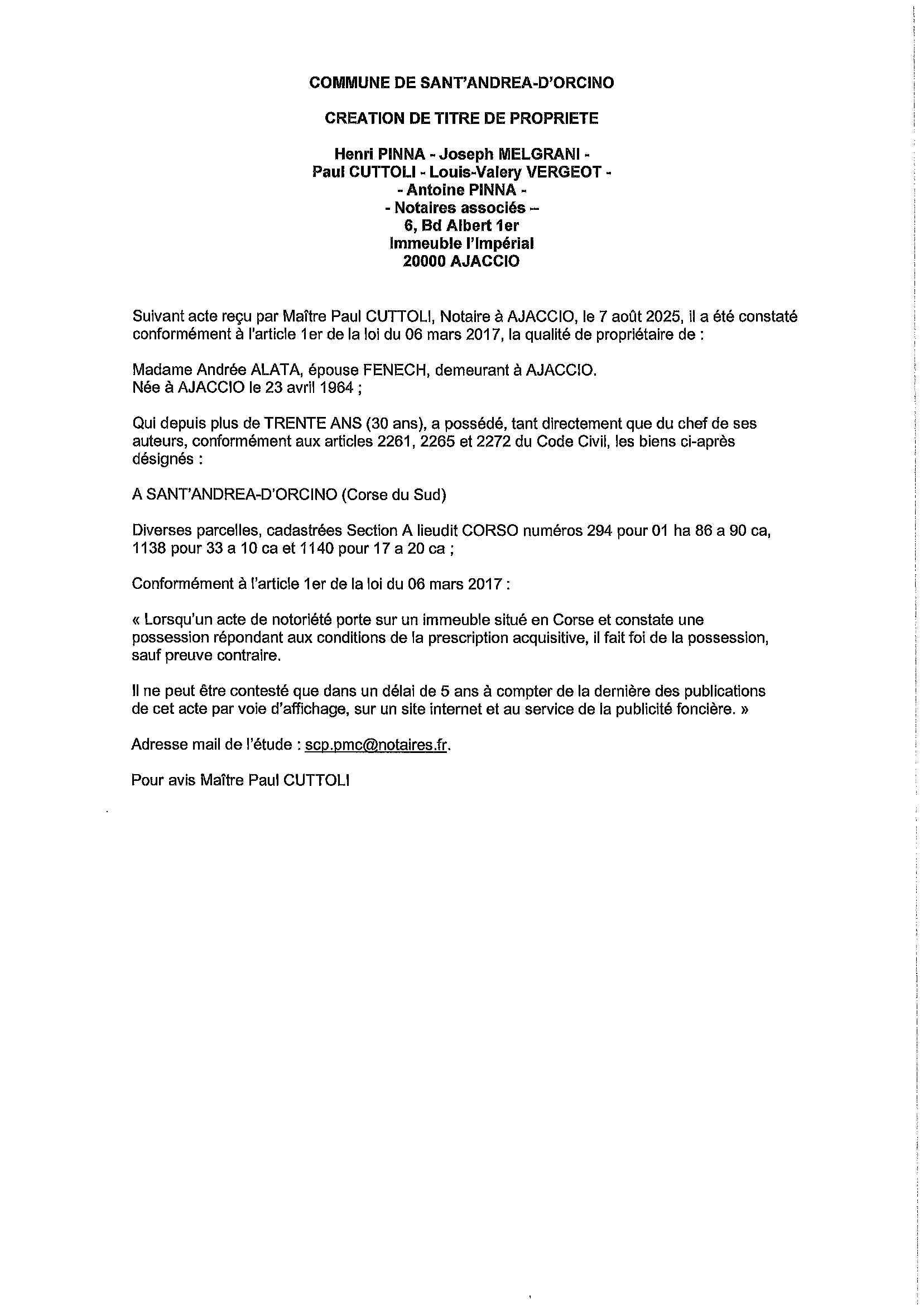 Avis de création de titre de propriété - Commune de Sant'Andria d'Urcinu (Pumonti)