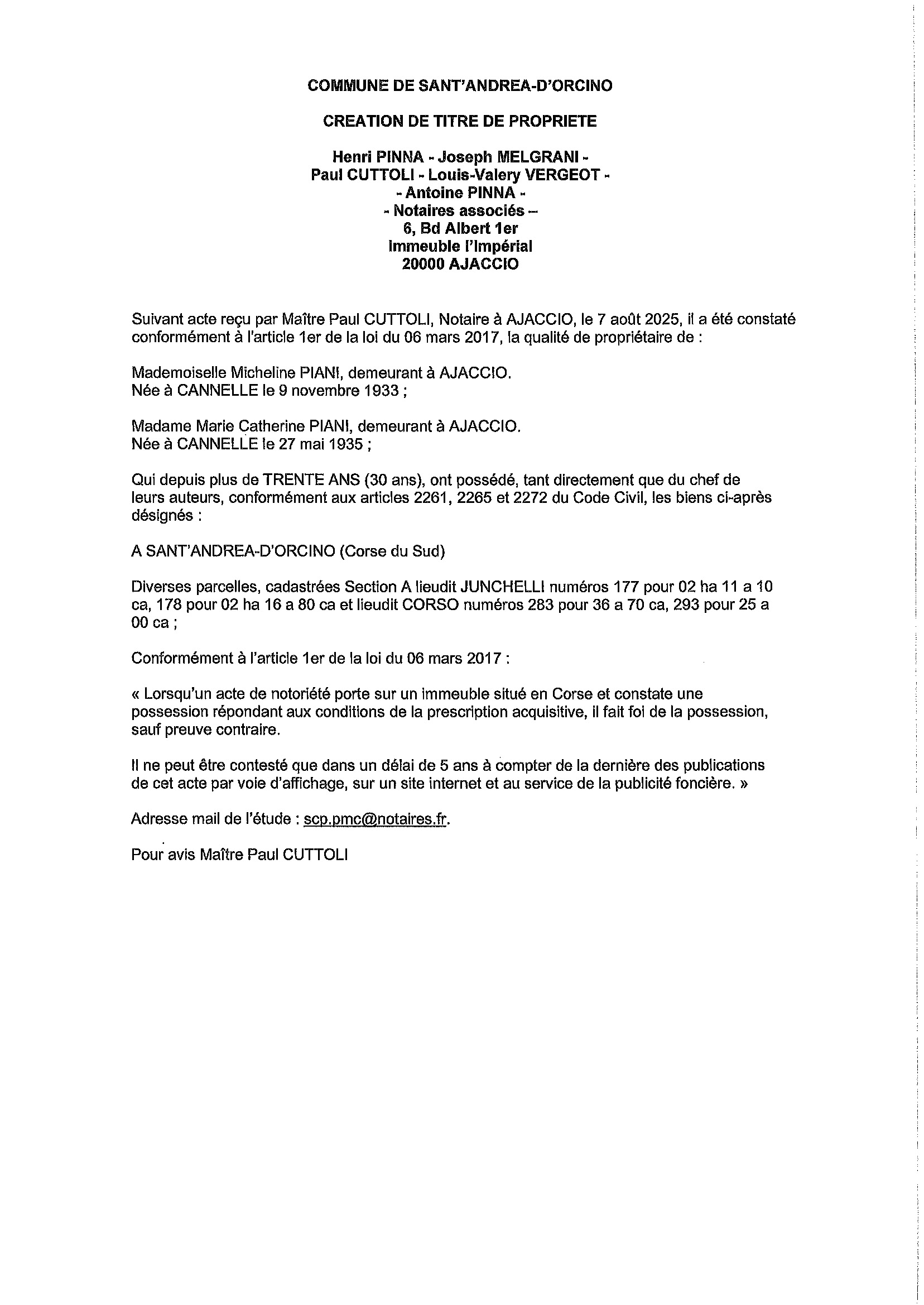 Avis de création de titre de propriété - Commune de Sant'Andria d'Urcinu (Pumonti)
