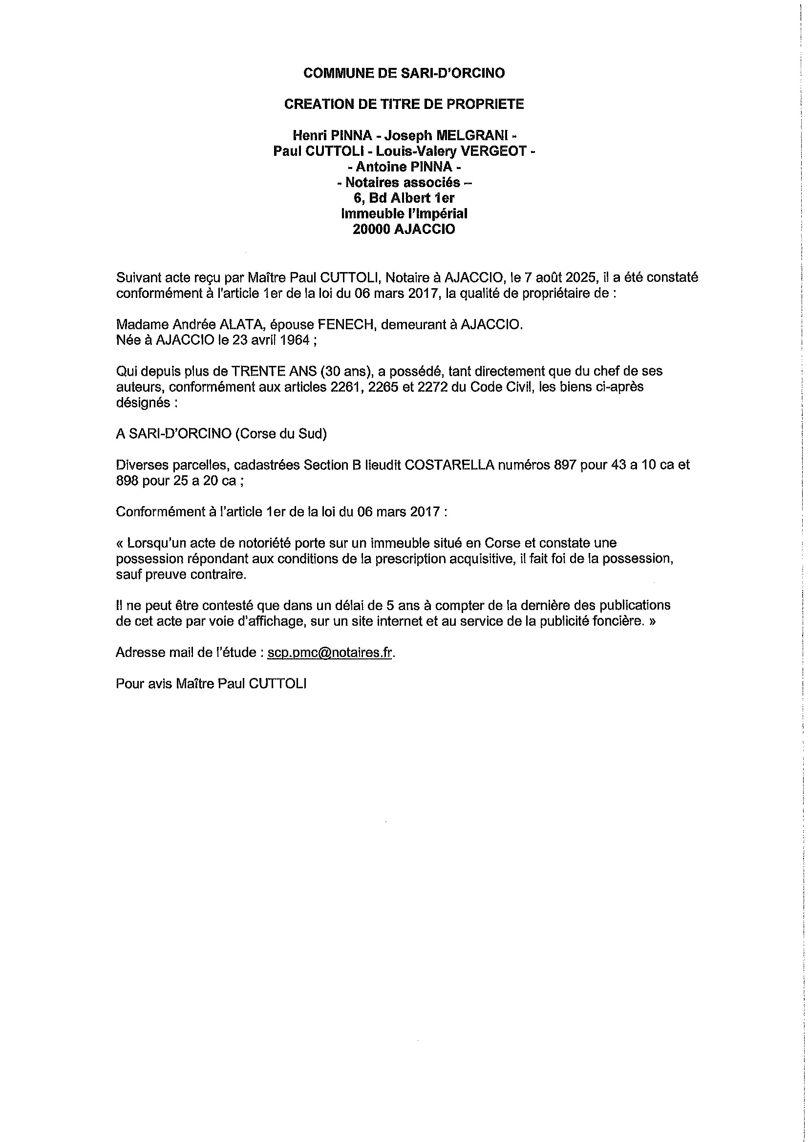 Avis de création de titre de propriété - Commune de Sari d'Urcinu (Pumonti)