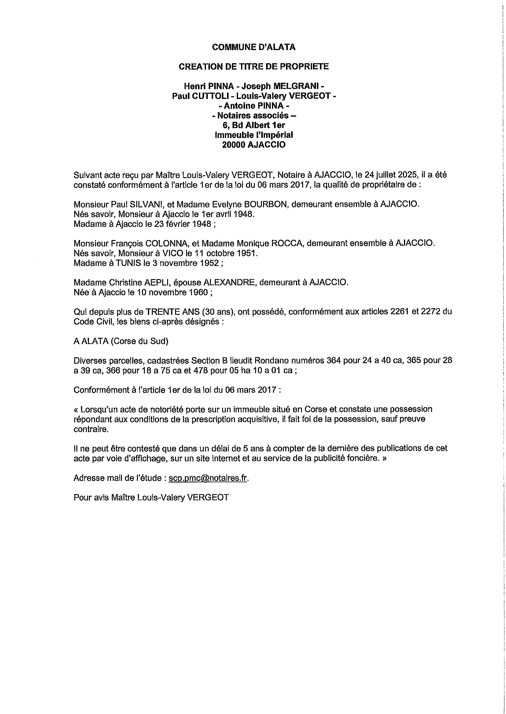 Avis de création de titre de propriété - Commune d'Alata (Pumonti)