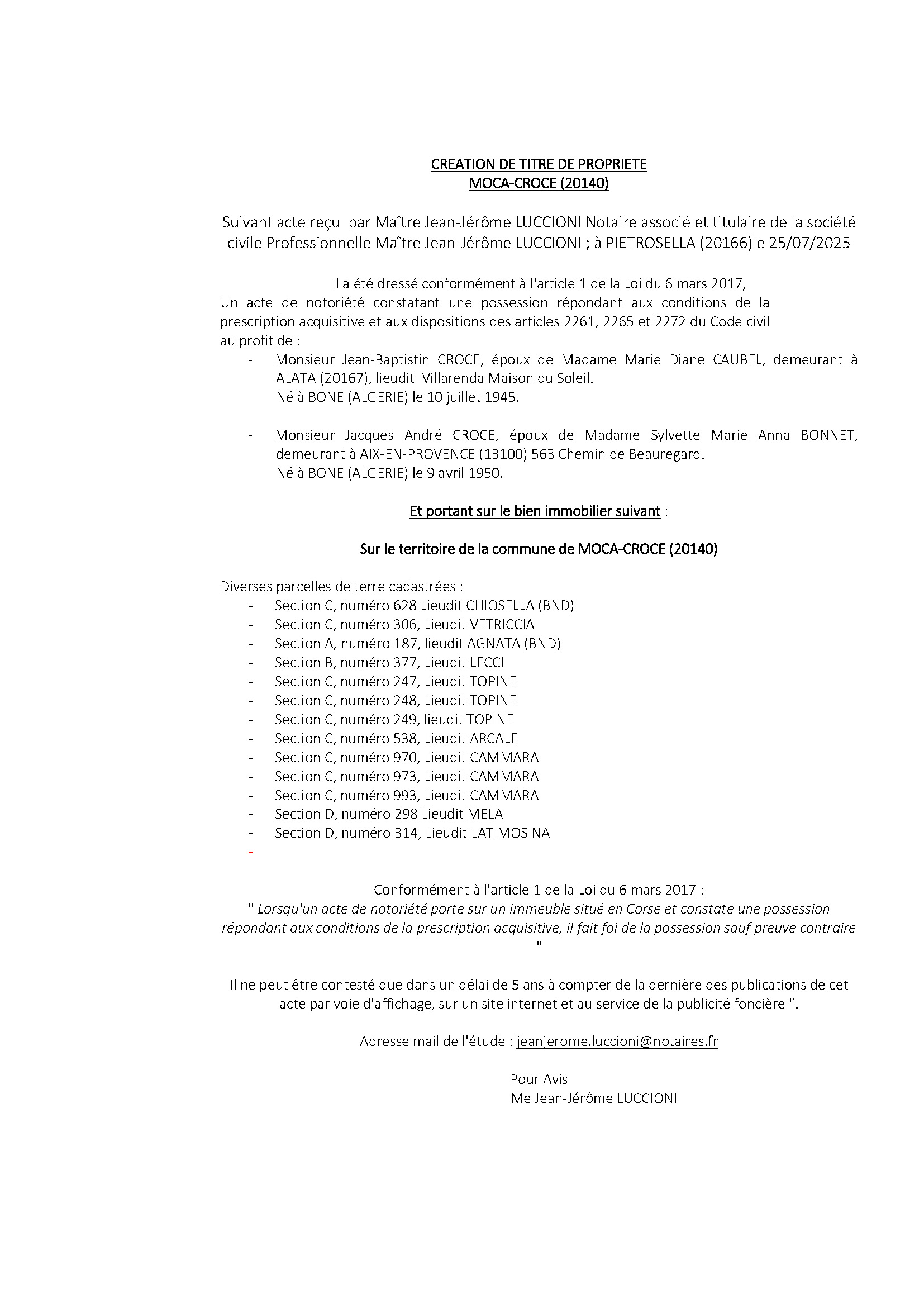Avis de création de titre de propriété - Commune de Macà è Croci (Pumonti)