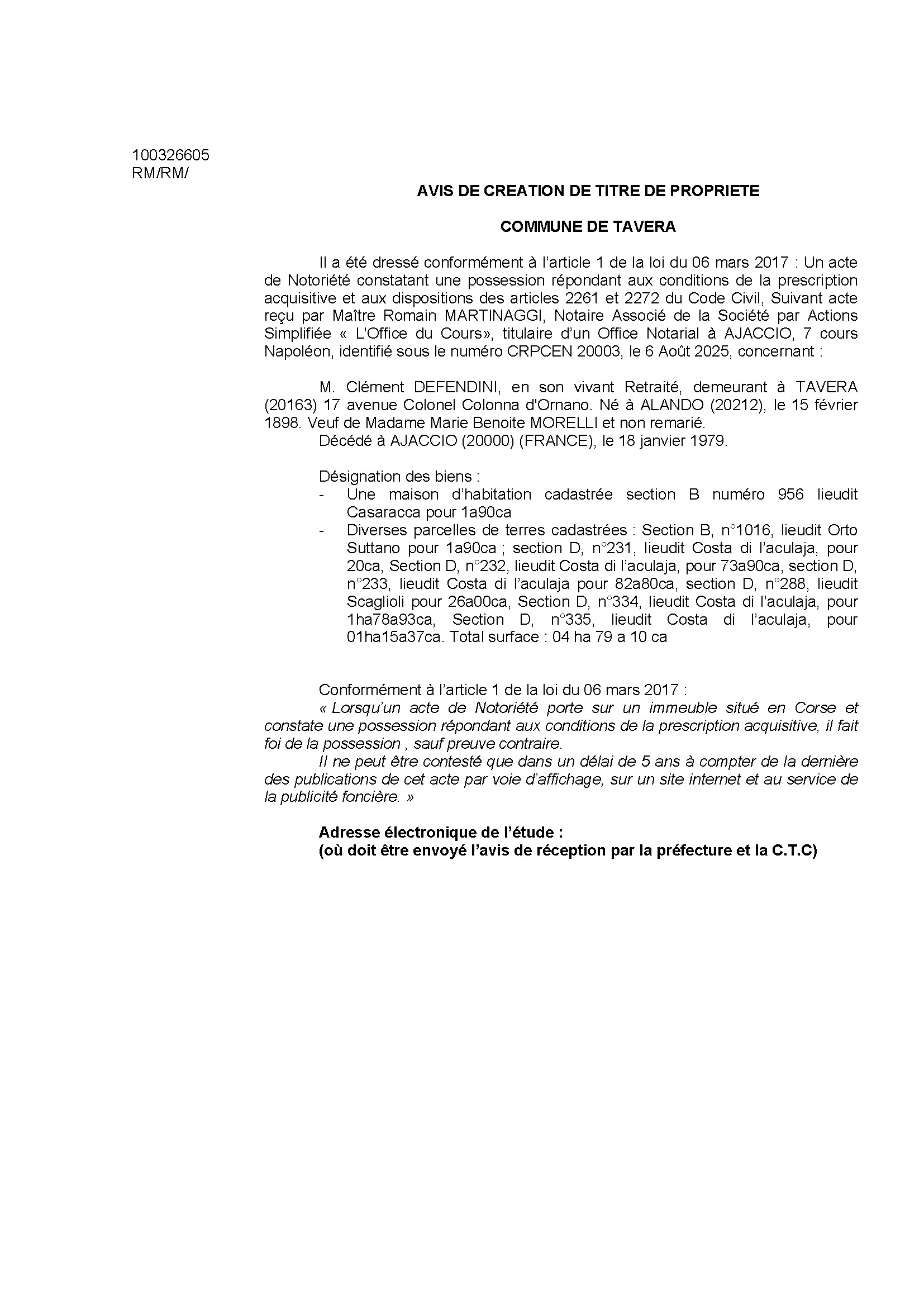 Avis de création de titre de propriété - Commune de Tavera (Pumonti)