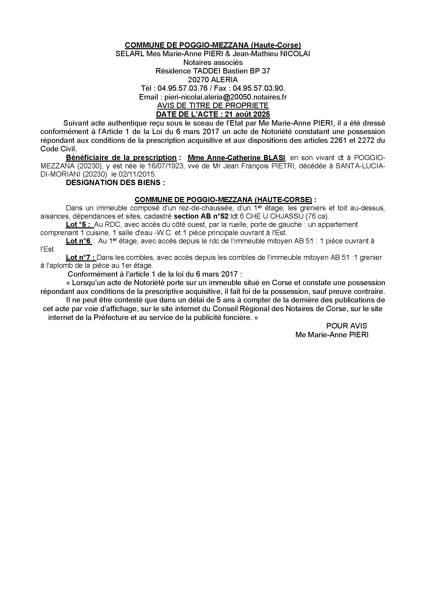 Avis de création de titre de propriété - Commune de Poghju è Mezana (Cismonte)