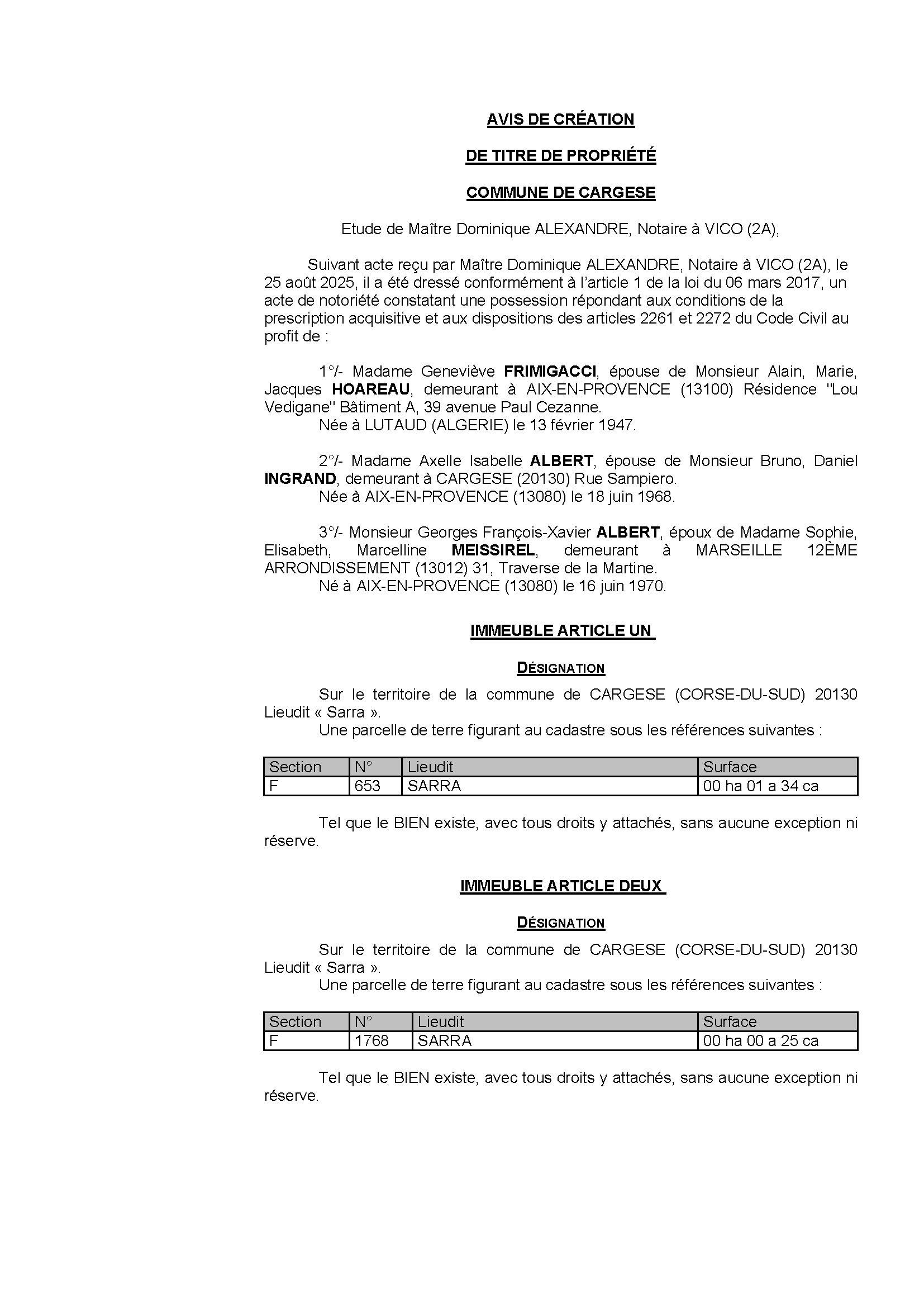 Avis de création de titre de propriété - Commune de Carghjese (Pumonti)