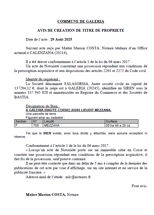 Avis de création de titre de propriété - Commune de Galeria (Cismonte) Avis de création de titre de propriété - Commune de Galeria (Cismonte)