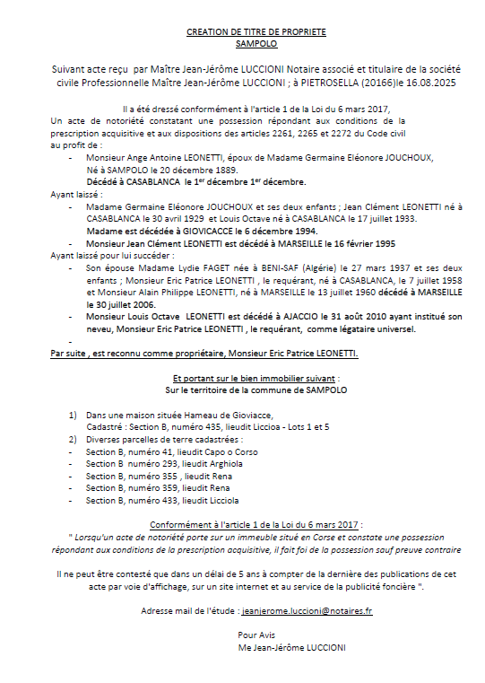 Avis de création de titre de propriété - Commune de Sampolu (Pumonti) Avis de création de titre de propriété - Commune de Sampolu (Pumonti)