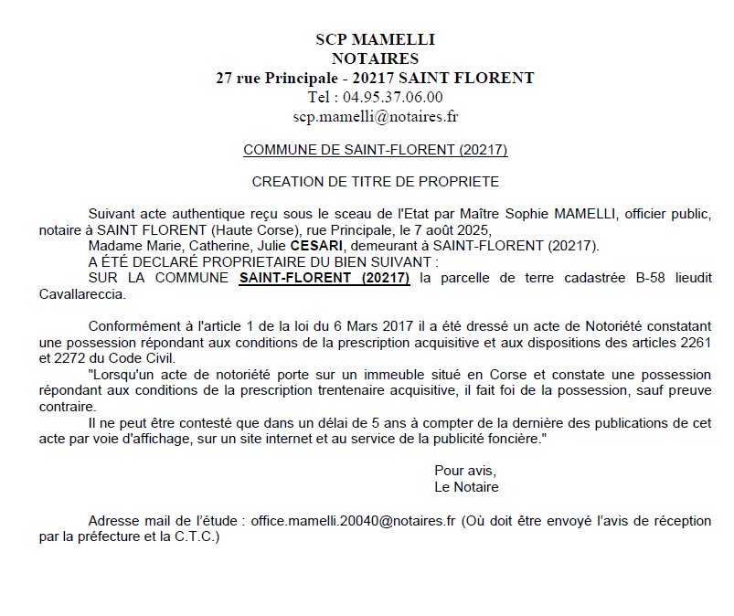 Avis de création de titre de propriété - Commune de San Fiurenzu (Cismonte)