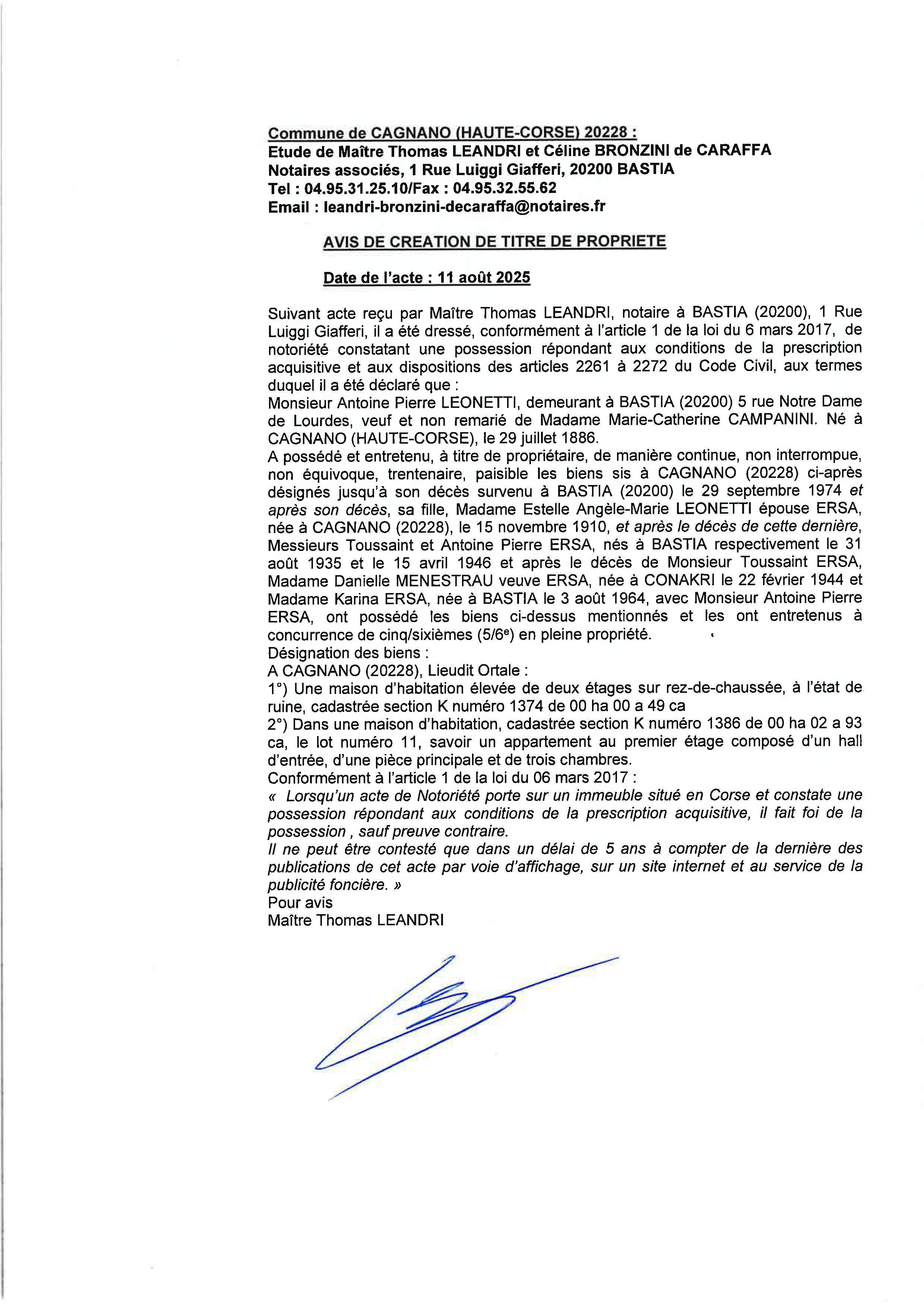 Avis de création de titre de propriété - Commune de Cagnanu (Cismonte)