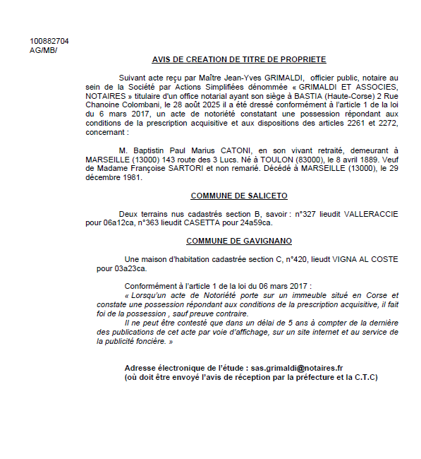 Avis de création de titre de propriété - Communes d'U Salgetu et Gavignanu (Cismonte)