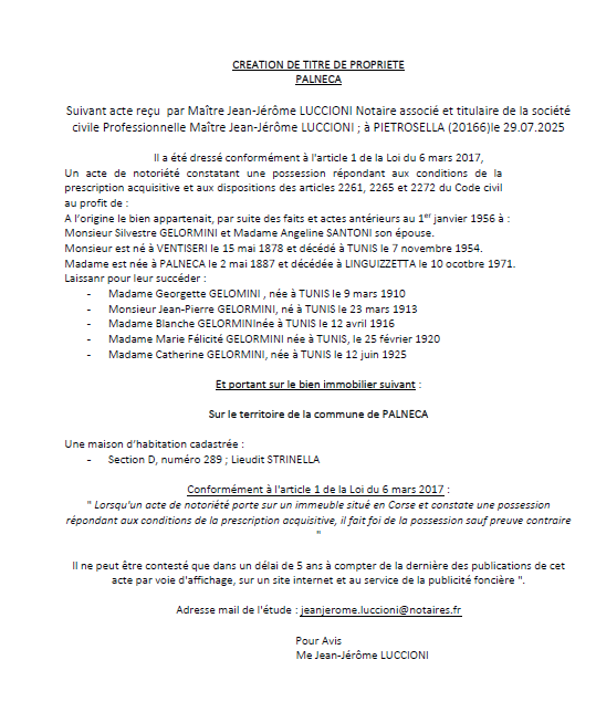Avis de création de titre de propriété - Commune de Palleca (Pumonti) Avis de création de titre de propriété - Commune de Palleca (Pumonti)
