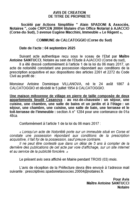 Avis de création de titre de propriété - Commune de Calcatoghju (Pumonti) Avis de création de titre de propriété - Commune de Calcatoghju (Pumonti)