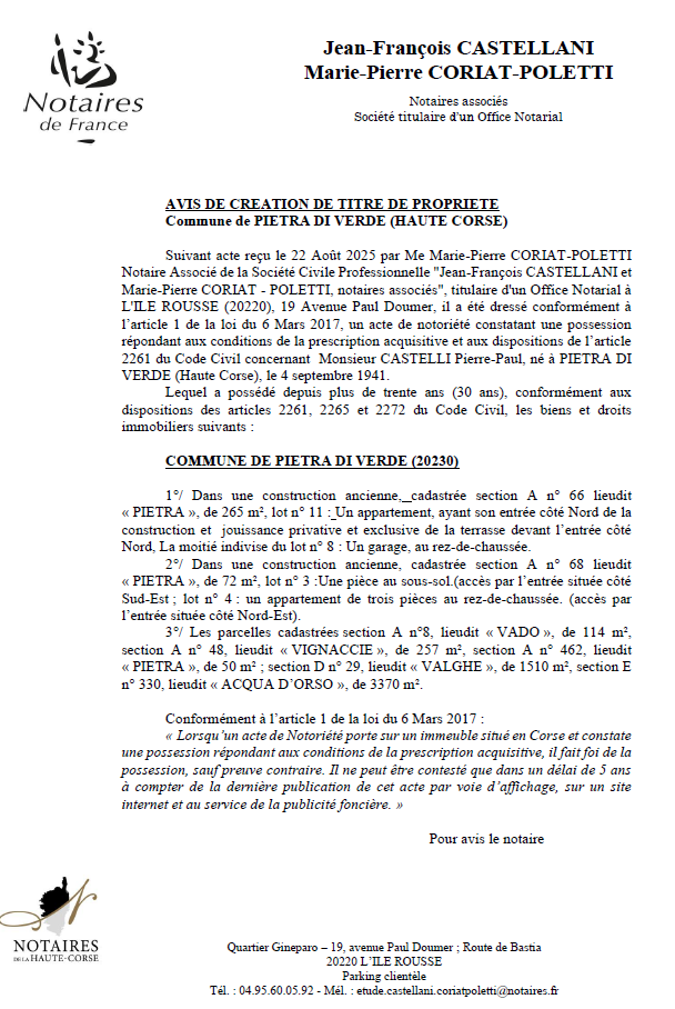 Avis de création de titre de propriété - Commune d'A Petra di Verde (Cismonte)