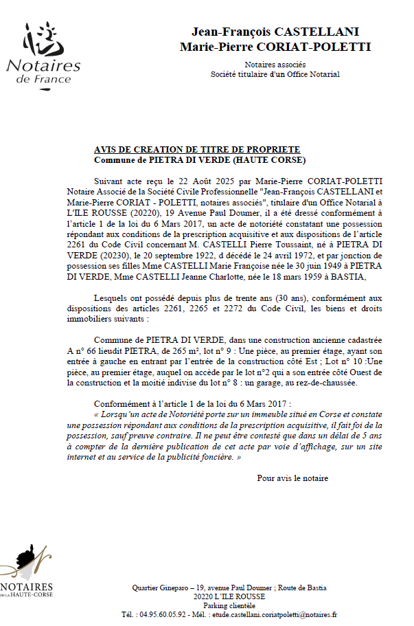 Avis de création de titre de propriété - Commune d'A Petra di Verde (Cismonte)
