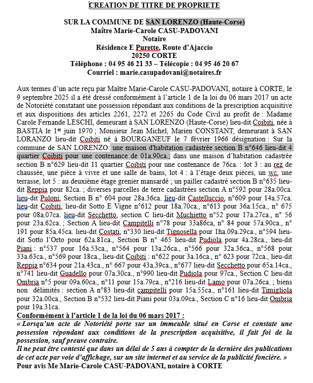 Avis de création de titre de propriété - Commune de San Lorenzu (Cismonte)