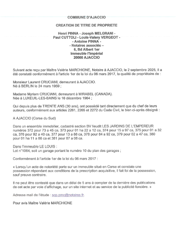 Avis de création de titre de propriété - Commune d'Aiacciu (Pumonti) Avis de création de titre de propriété - Commune d'Aiacciu (Pumonti)