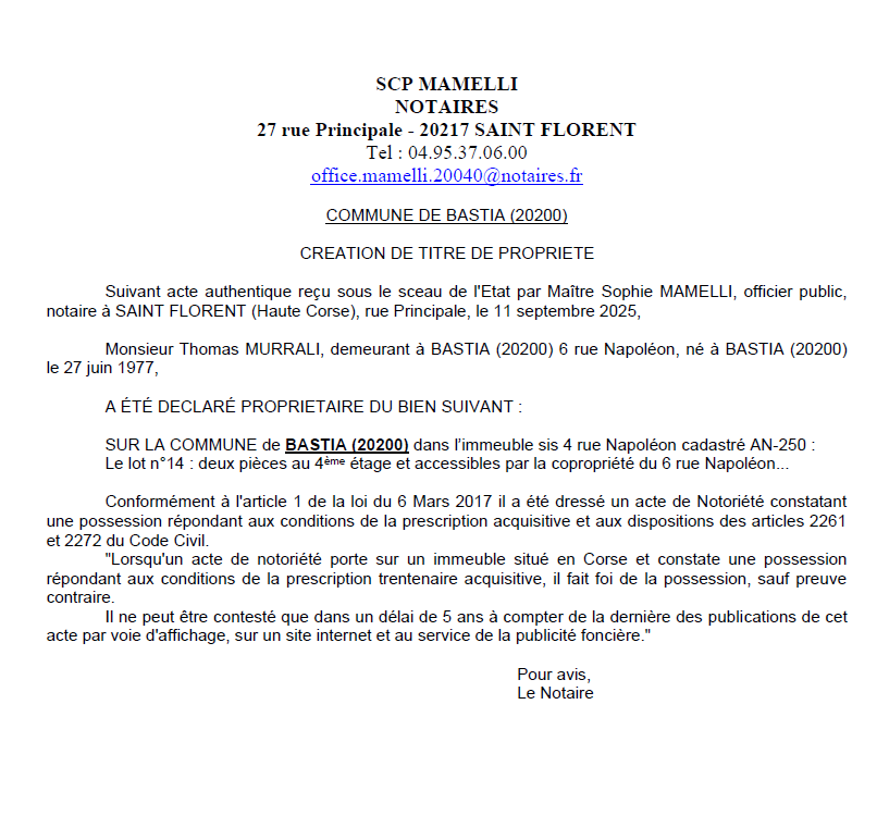 Avis de création de titre de propriété - Commune de Bastia (Cismonte)