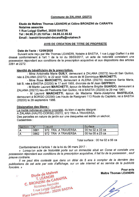 Avis de création de titre de propriété - Commune de Zalana (Cismonte)