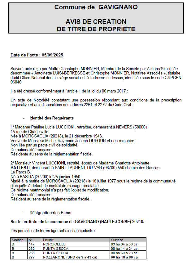 Avis de création de titre de propriété - Commune de Gavignanu (Cismonte)