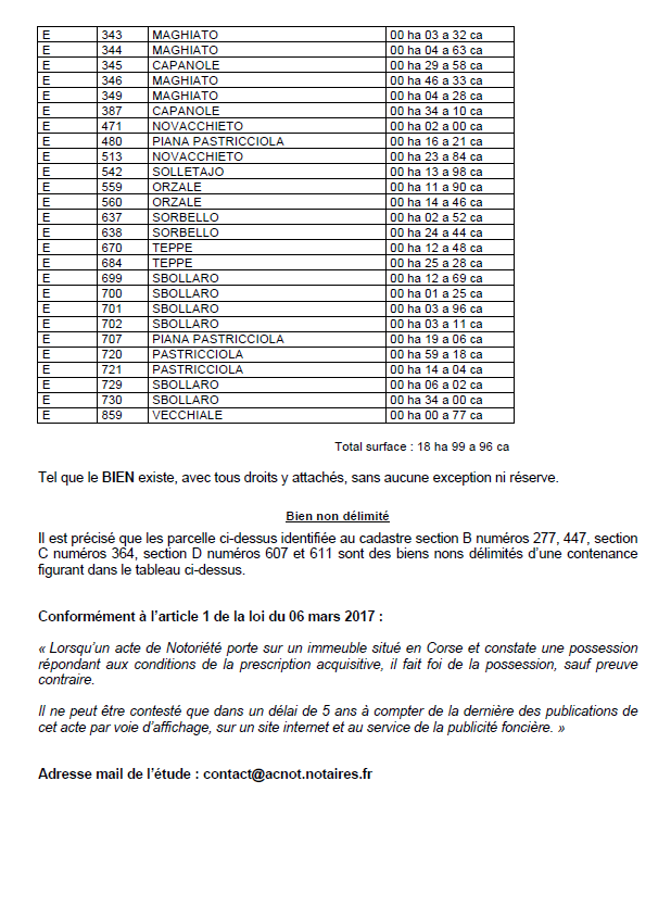 Avis de création de titre de propriété - Commune de Gavignanu (Cismonte)