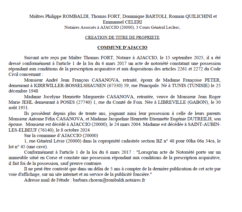 Avis de création de titre de propriété - Commune d'Aiacciu (Pumonti)