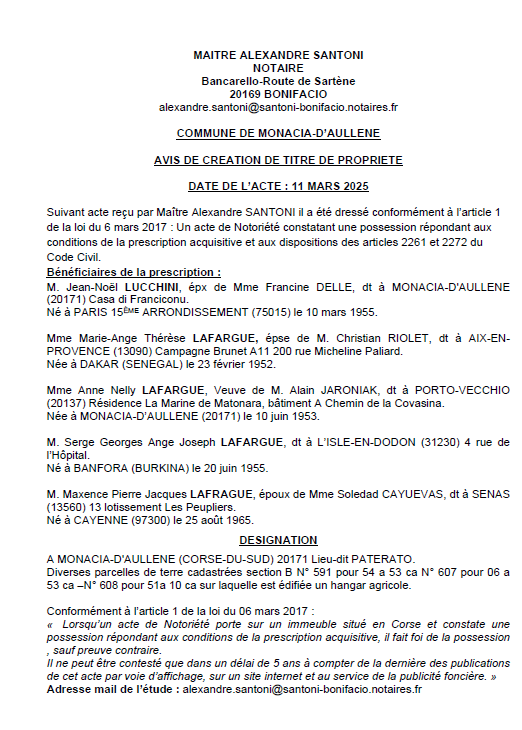 Avis de création de titre de propriété - Commune d'A Munacia d'Auddè (Pumonti)