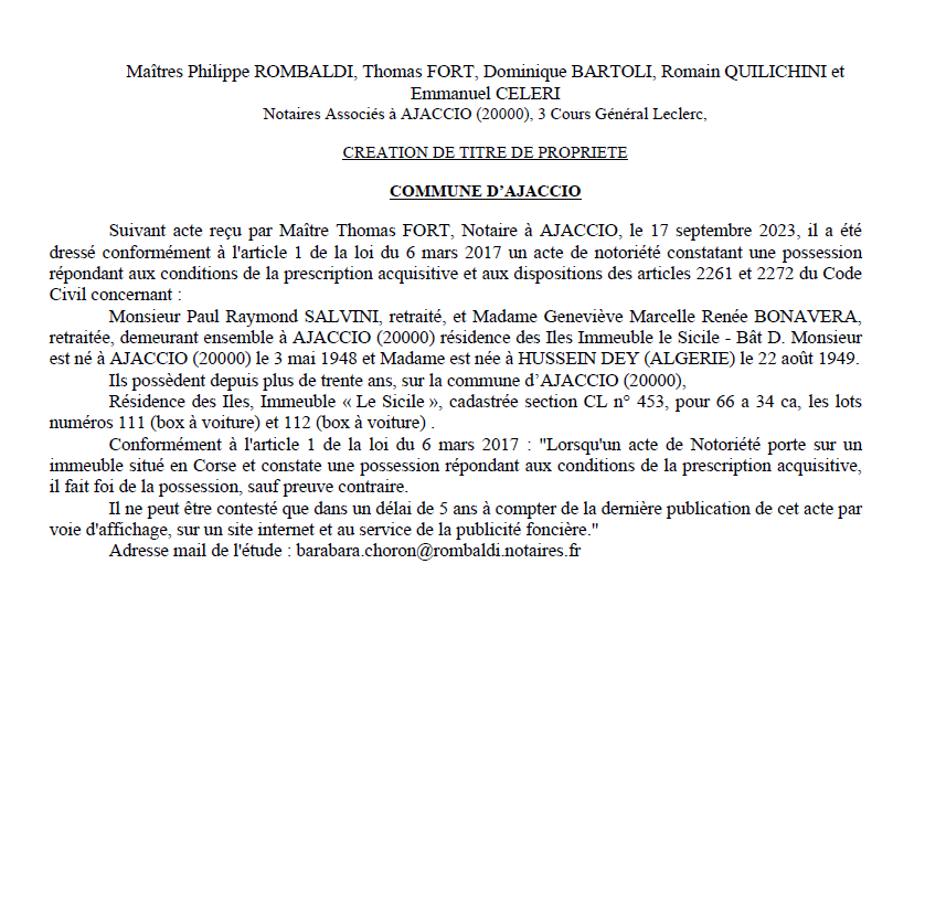 Avis de création de titre de propriété - Commune d'Aiacciu (Pumonti) Avis de création de titre de propriété - Commune d'Aiacciu (Pumonti)