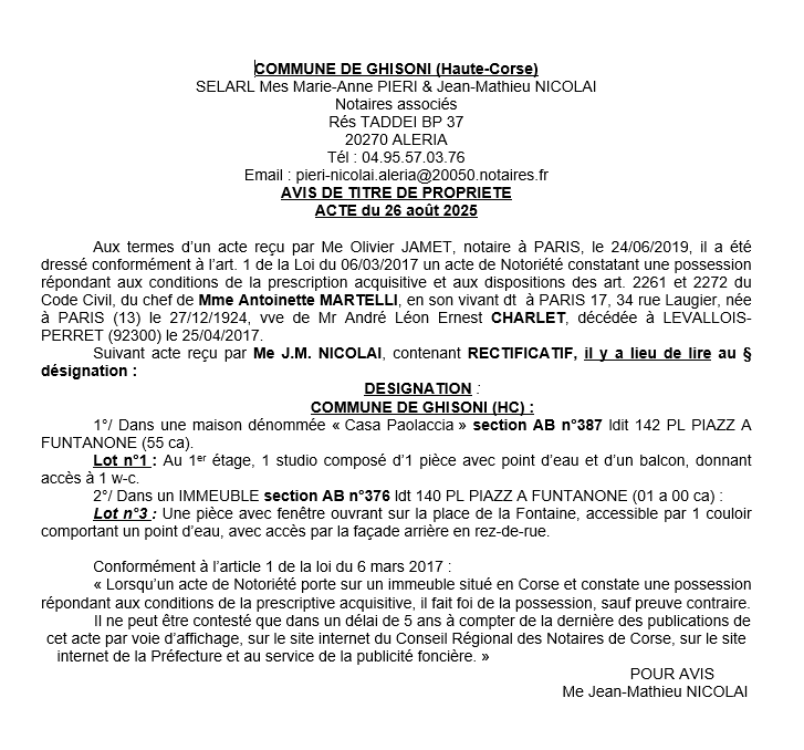 Avis de création de titre de propriété - Commune de Ghisoni (Cismonte)