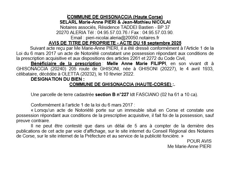 Avis de création de titre de propriété - Commune d'A Ghisunaccia (Cismonte)
