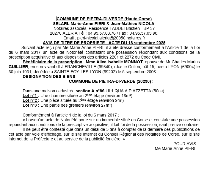 Avis de création de titre de propriété - Commune d'A Petra di Verde (Cismonte) Avis de création de titre de propriété - Commune d'A Petra di Verde (Cismonte)