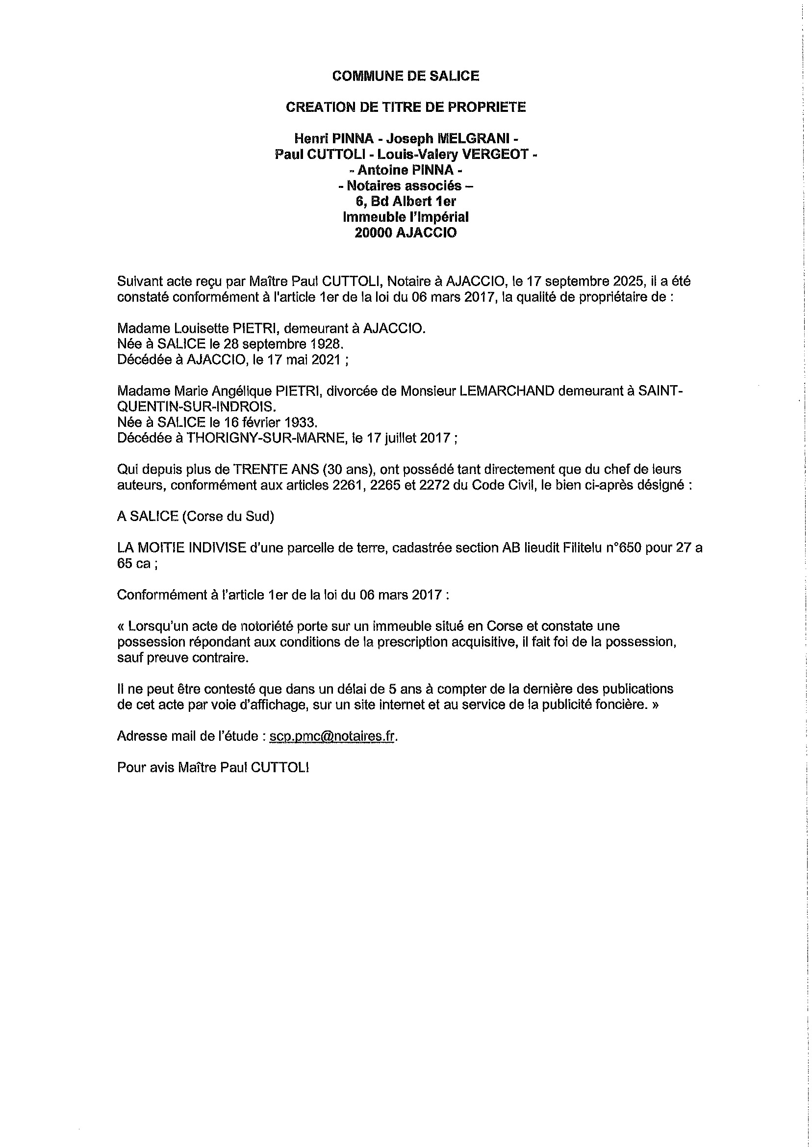 Avis de création de titre de propriété - Commune d'U Salge (Pumonti) Avis de création de titre de propriété - Commune d'U Salge (Pumonti)