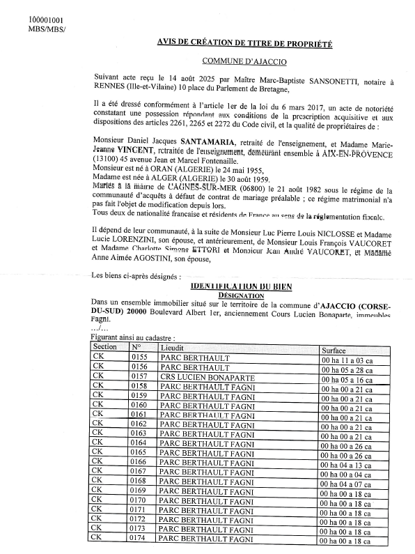 Avis de création de titre de propriété - Commune d'Aiacciu (Pumonti)