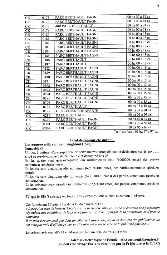 Avis de création de titre de propriété - Commune d'Aiacciu (Pumonti)