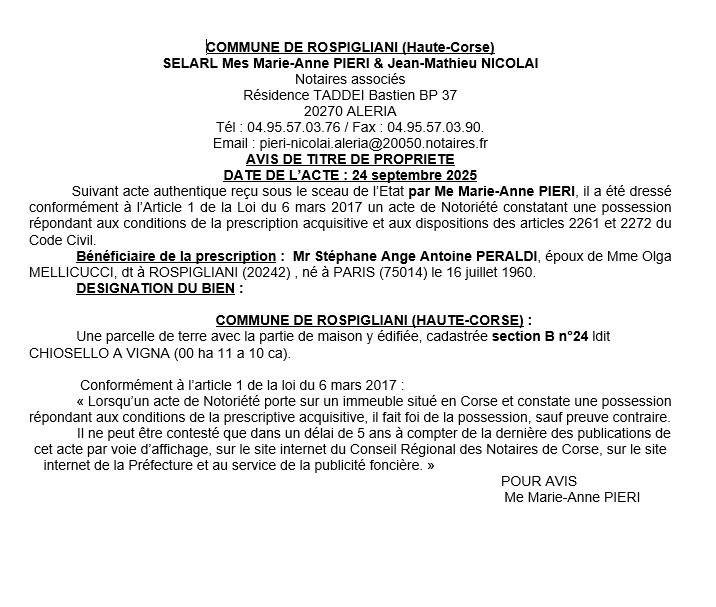 Avis de création de titre de propriété - Commune de Ruspigliani (Cismonte)