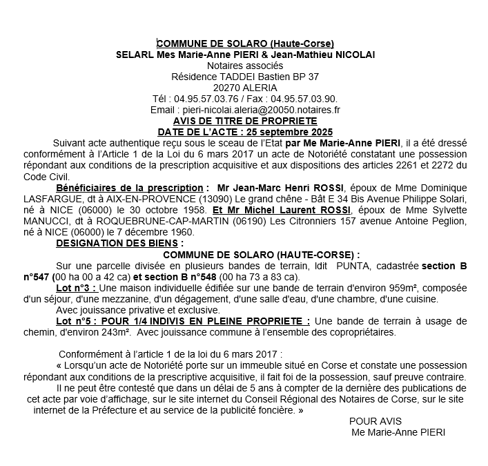 Avis de création de titre de propriété - Commune d'U Sulaghju (Cismonte)