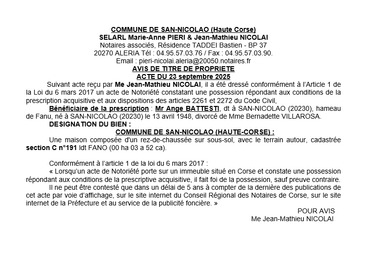 Avis de création de titre de propriété - Commune de Santu Niculaiu (Cismonte)