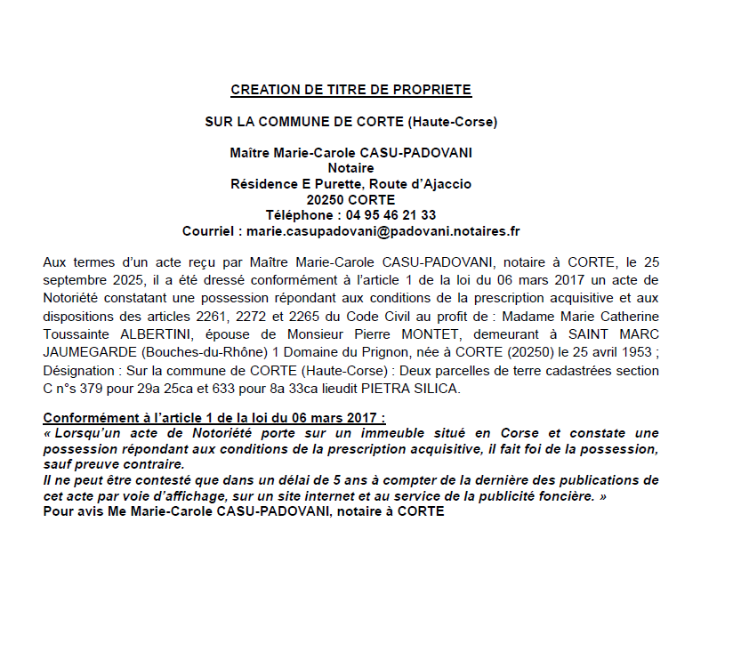Avis de création de titre de propriété - Commune de Corti (Cismonte)