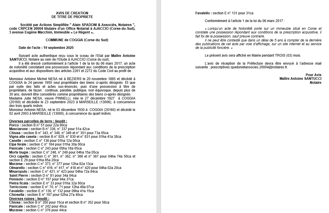 Avis de création de titre de propriété - Commune de Coghja (Pumonti)