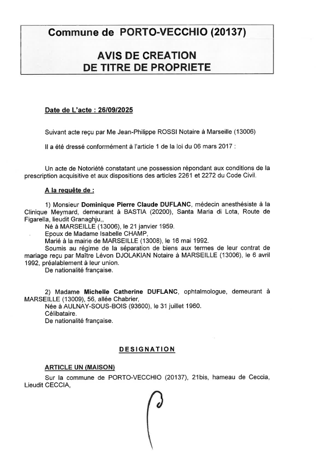 Avis de création de titre de propriété - Commune de Portivechju (Pumonti)