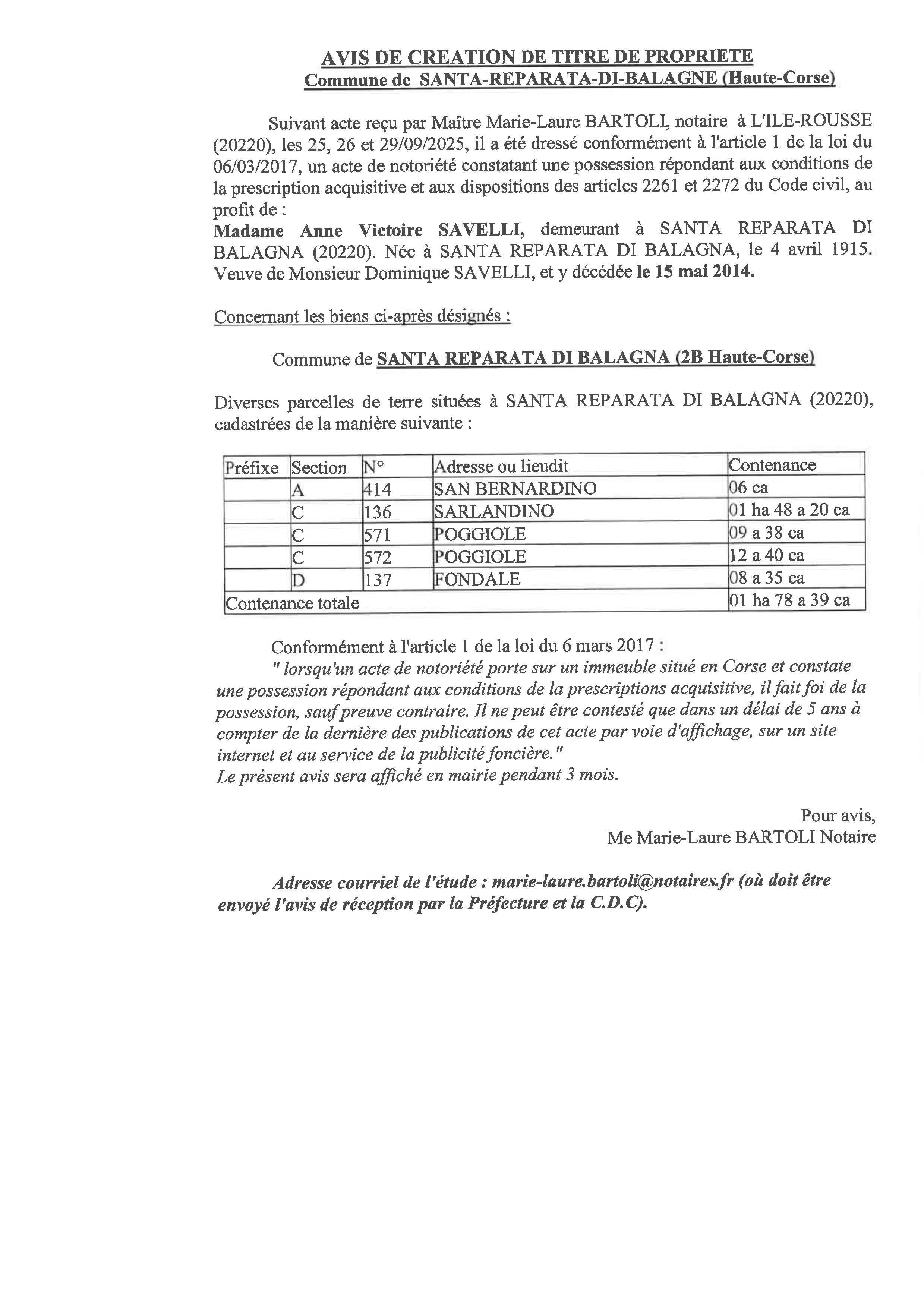 Avis de création de titre de propriété - Commune de Santa Riparata di Balagna (Cismonte)