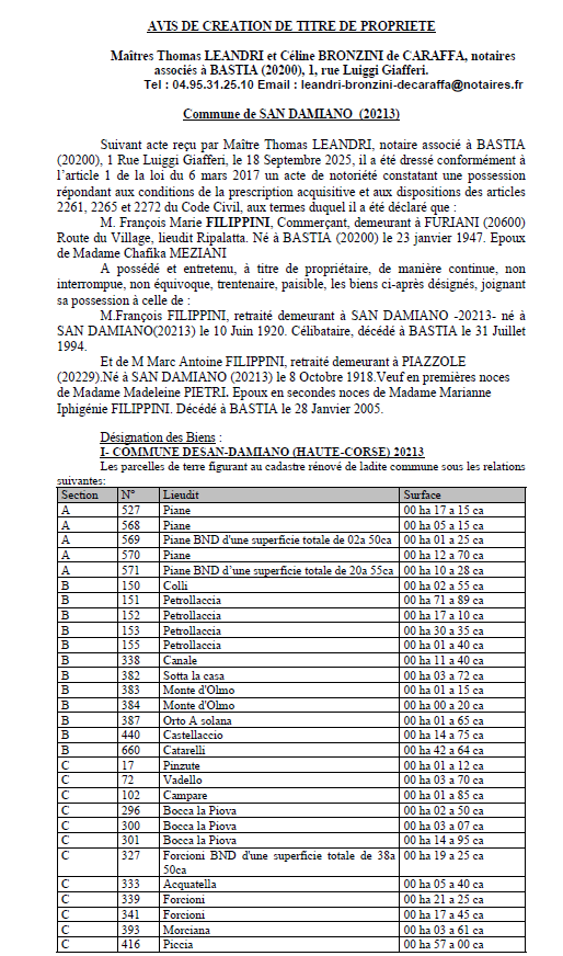 Avis de création de titre de propriété - Commune de San Damianu (Cismonte)
