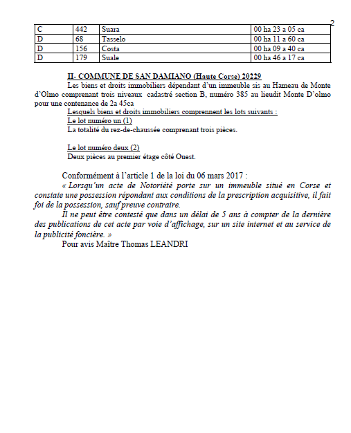 Avis de création de titre de propriété - Commune de San Damianu (Cismonte)