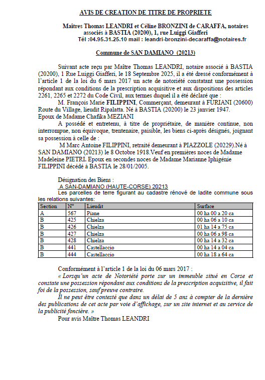 Avis de création de titre de propriété - Commune de San Damianu (Cismonte)