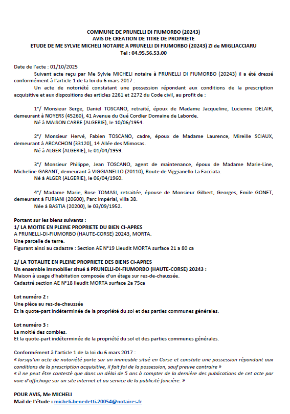 Avis de création de titre de propriété - Commune d'I Prunelli di Fiumorbu (Cismonte)