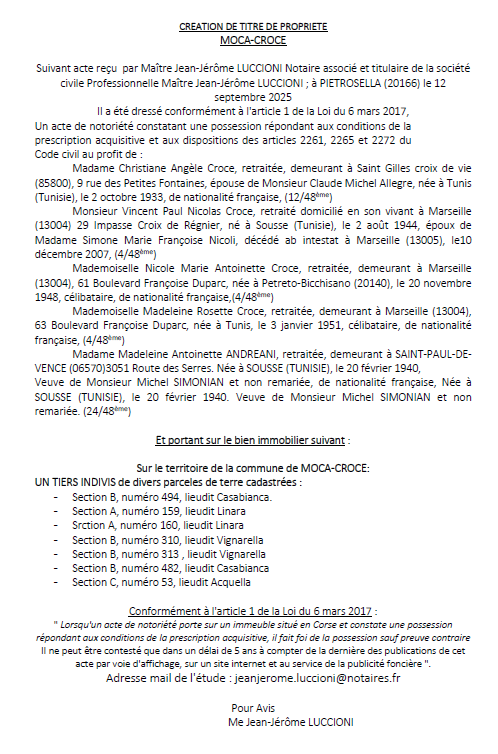 Avis de création de titre de propriété - Commune de Macà è a Croci (Pumonti)