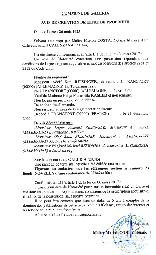 Avis de création de titre de propriété - Commune de Galeria (Pumonti)