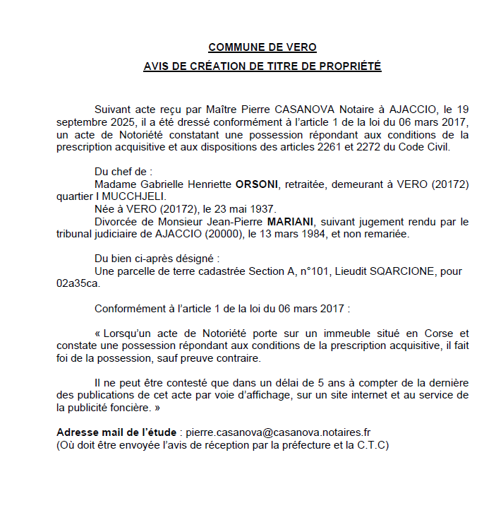Avis de création de titre de propriété - Commune de Veru (Pumonti)
